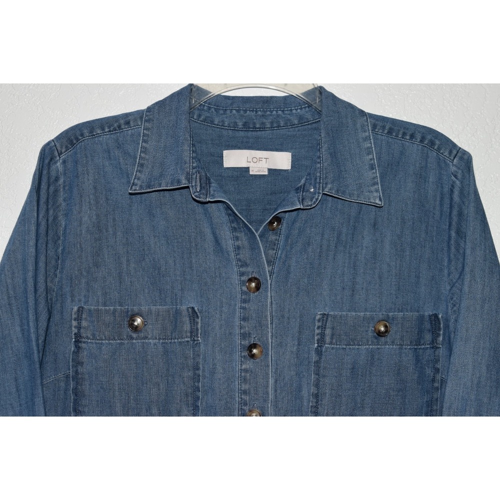 Loft‎ MEDIUM Denim Chambray Blue Shirt Dress Chest Pockets Long Slv 100% Cotton - Picture 4 of 16